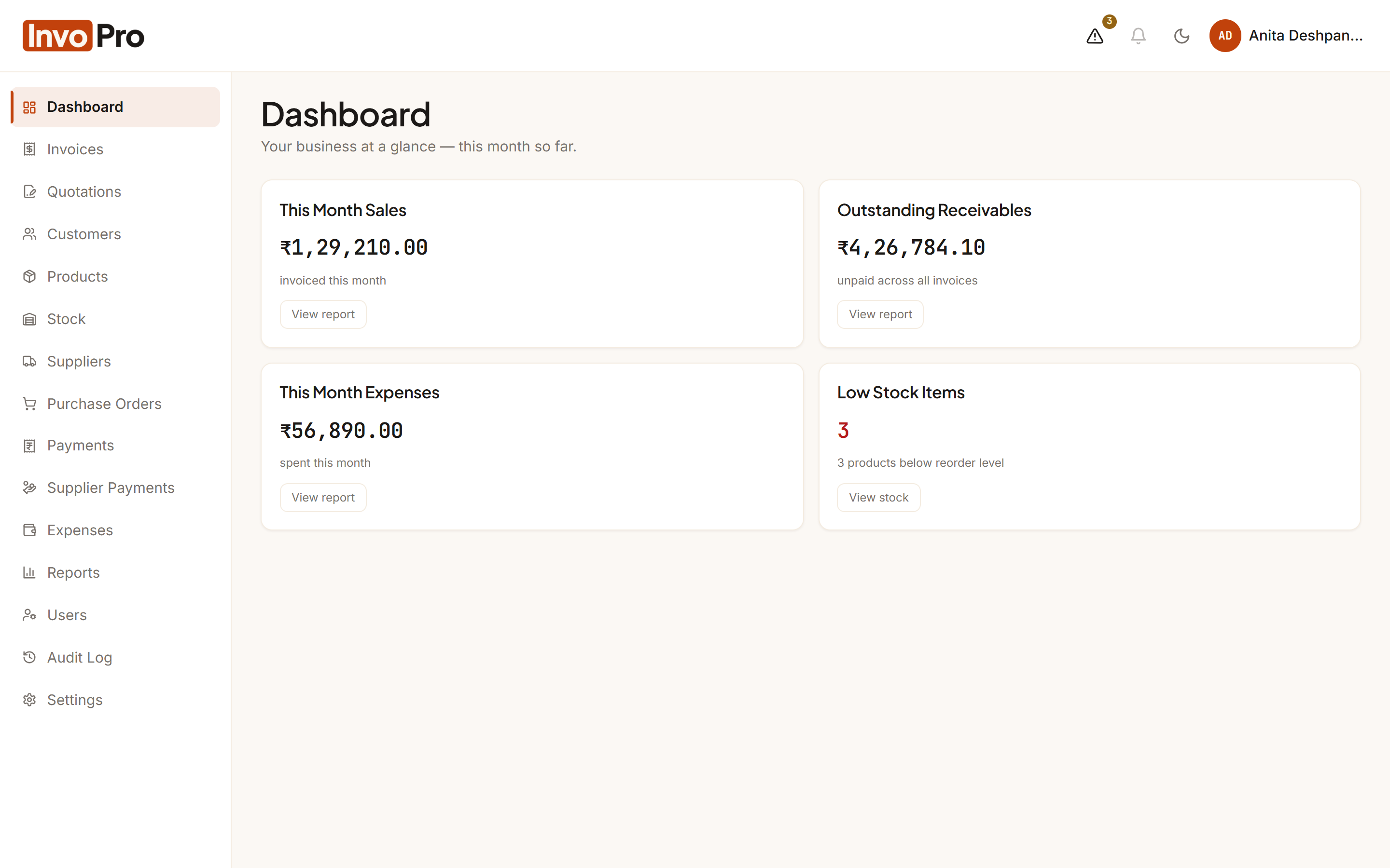 InvoPro dashboard showing sales, receivables, expenses and low-stock items