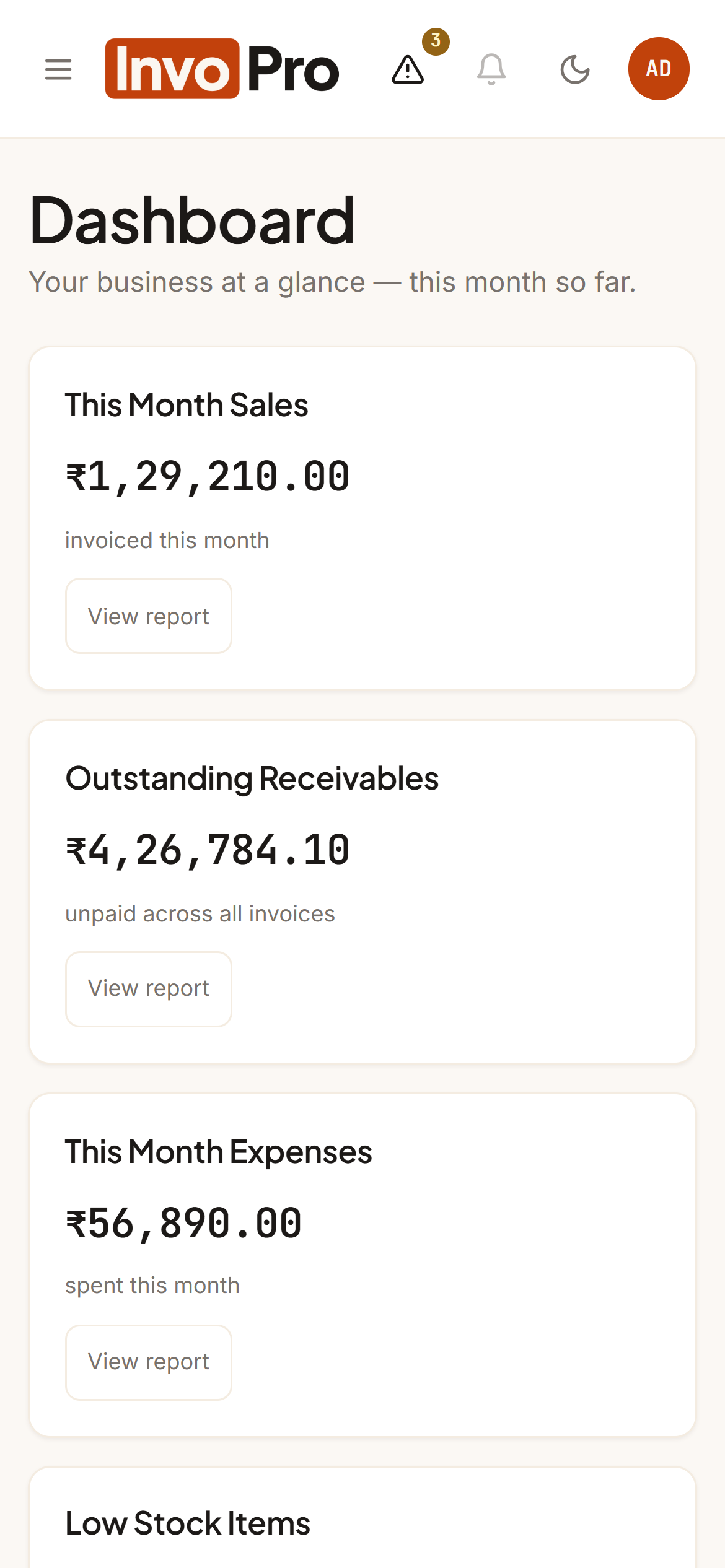 InvoPro dashboard on a mobile phone
