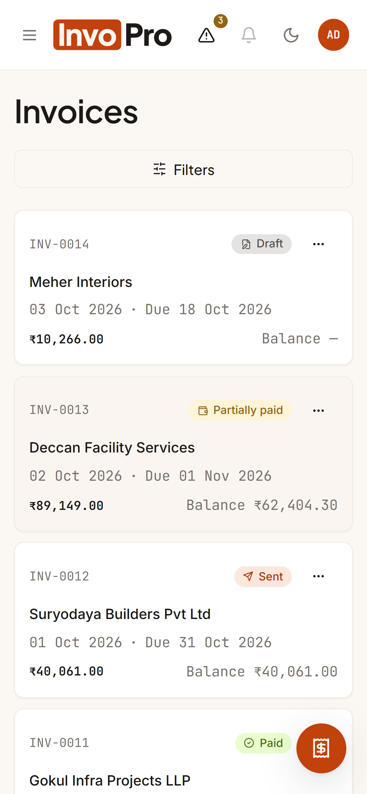 Invoice list on a mobile phone