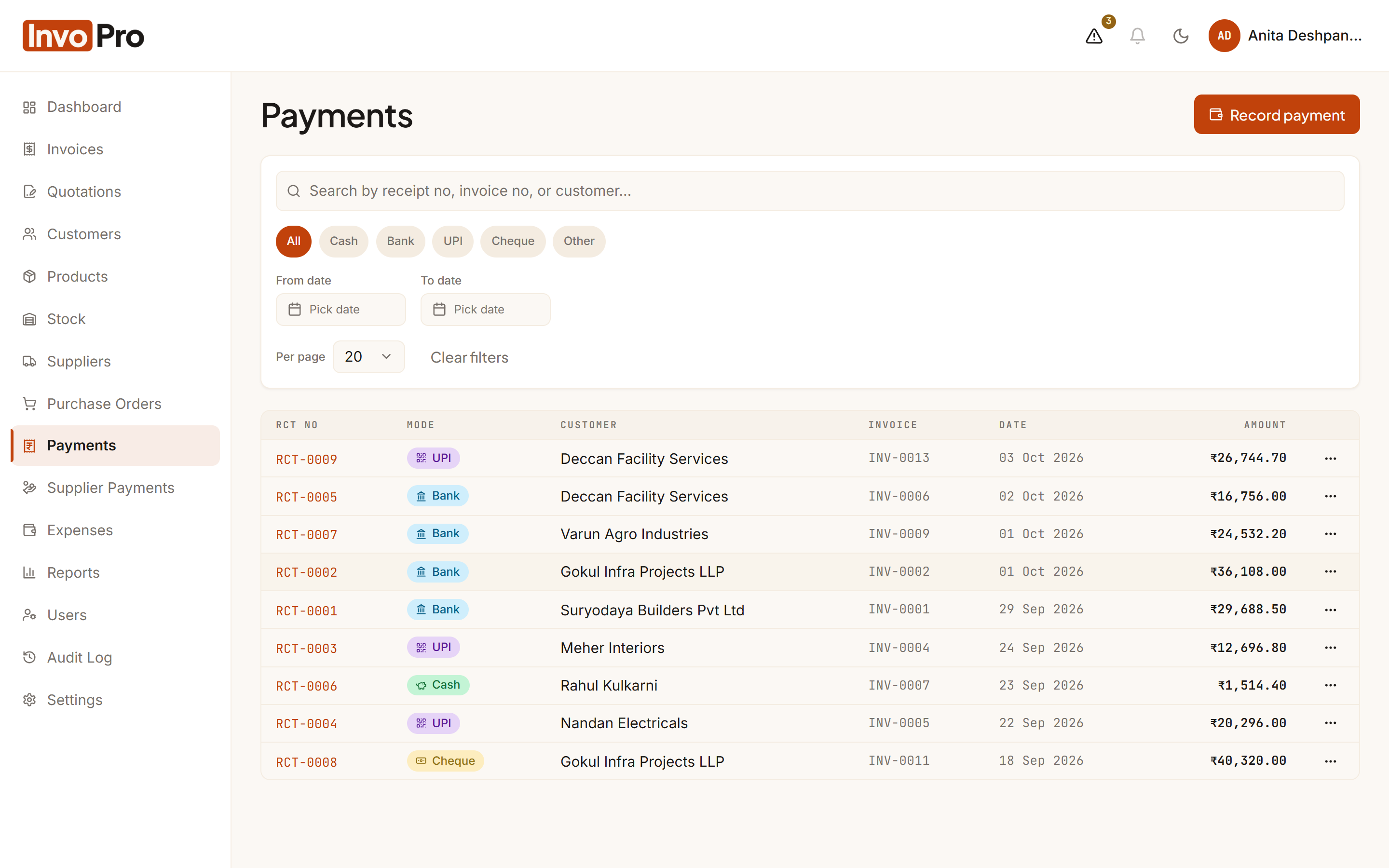 Payments recorded against invoices