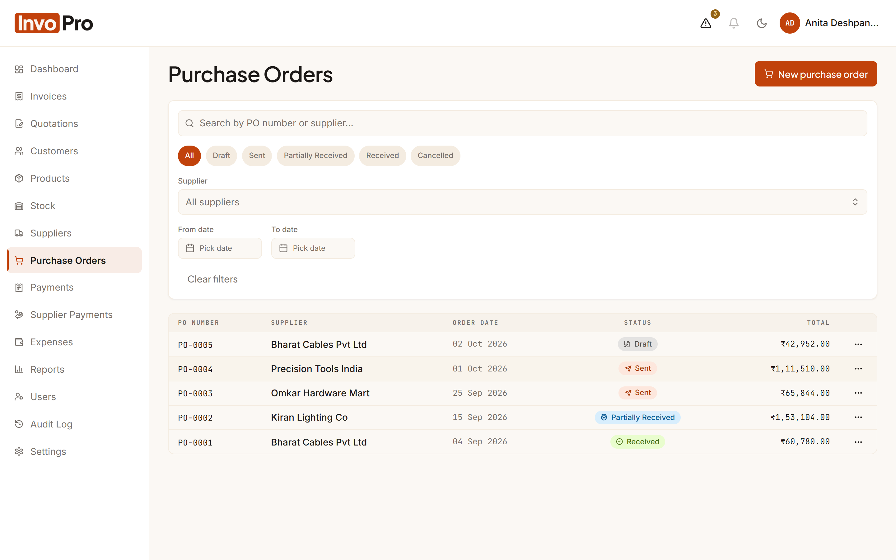Purchase orders with receiving status